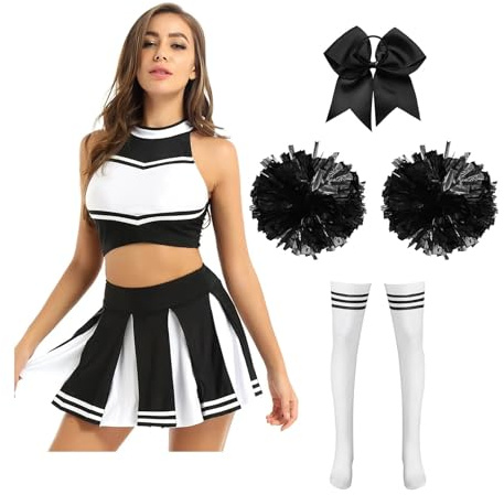 CNYUON Cheer Leader kostymer skolflicka dans outfit kvinnor Cheerleading, uniform, magtröja, veckad kjol, pompom-strumpor, prestationskostym för Cheerleading, klänning (svart B, XL)