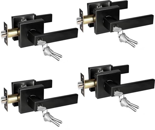 Matte Black Front Door Handle, 4 Pack, Square Entry Door Handle for Home & Office, Keyed Alike Exterior/Interior Door Knob with Lock, Left and Right Hand Door Reversible
