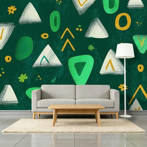 Fotomurales Tejido No Tejido 200 x 140 cm - Papel Pintado Fotográfico Moderno Abstracto Dibujado A Mano Geo Murales Verde Oscuro Póster para Niños Juvenil Salón Dormitorio Decoración Del Hogar