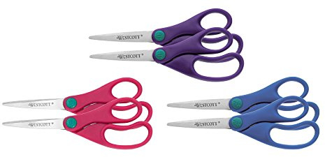 Westcott E-20554 00 Junior Schere, spitz, 13 cm, 6 Stück, pink/lila/blau