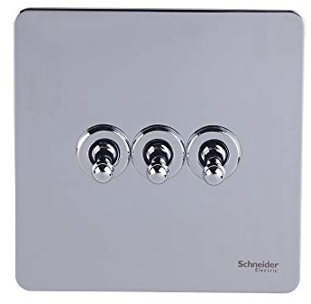 Schneider Electric Ultimate Screwless Flat Plate - 3 Gang Toggle 2 Way Light Switch, 10AX, GU1432TPC, Polished Chrome