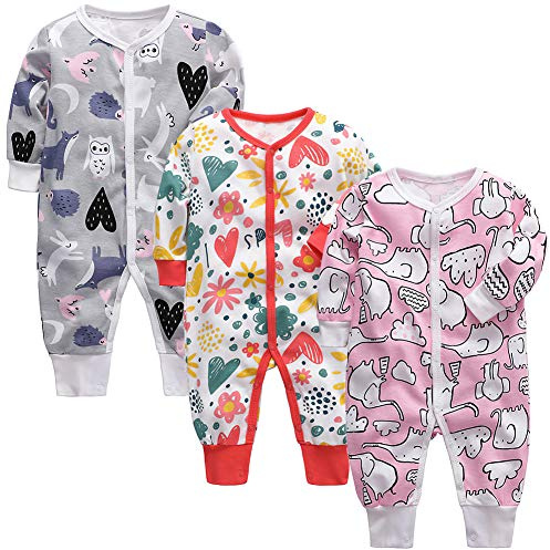 amropi Bambino Pagliaccetto 3 Pezzi Ragazzi Ragazze Pigiami Manica Lunga Cotone Tutine Grigio/Rosso/Rosa, 18-24 Mesi
