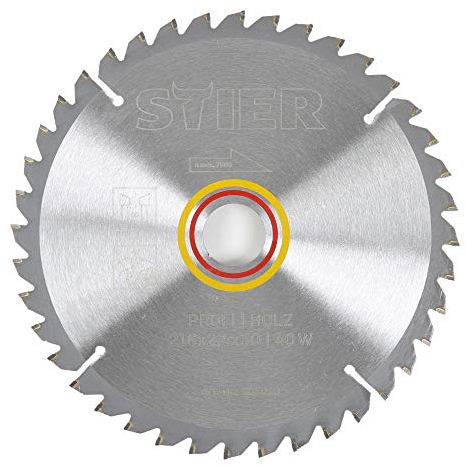 STIER Kreissägeblatt Profi Holz, 216 x 2,4 x 30mm, -5° neg. Spanwinkel, 40 gehärtete Zähne, Wechselzahn