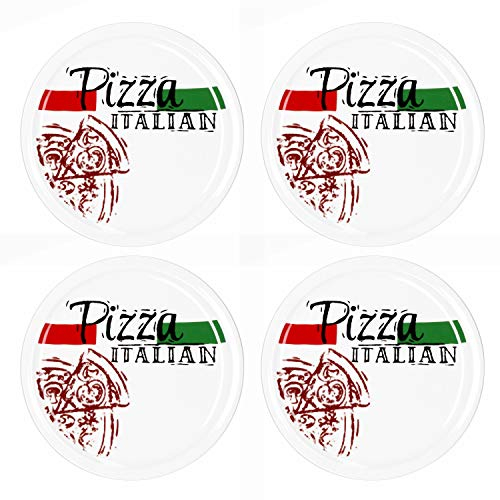 MamboCat - Set di 4 piatti per pizza italiana, diametro 30 cm, grandi piatti bianchi in grès per preparare pizza, ecc. o come piatto in gres per servire salumi e formaggio, piatto per pizza con motivo