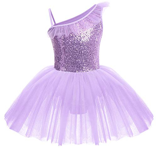 IWEMEK Kinder Ballettkleidung Mädchen Ballettkleid Ärmellos Rüsche Pailletten Balletttrikot Ballettanzug Tanzkleid Tanzbody mit Tütü Rock Ballettrock Gymnastik Tanzbekleidung Violett 7-8 Jahre