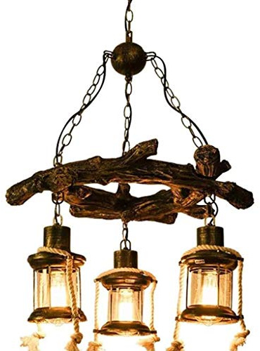Pendelleuchte Vintage Hängelampe Retro Hanfseil Hängeleuchte Holz Kronleuchter Loft Metall E27 Höhenverstellbar Rustikale Industrial Antik Büro Schlafzimmer Küche Bar Restaurant Café Leuchte
