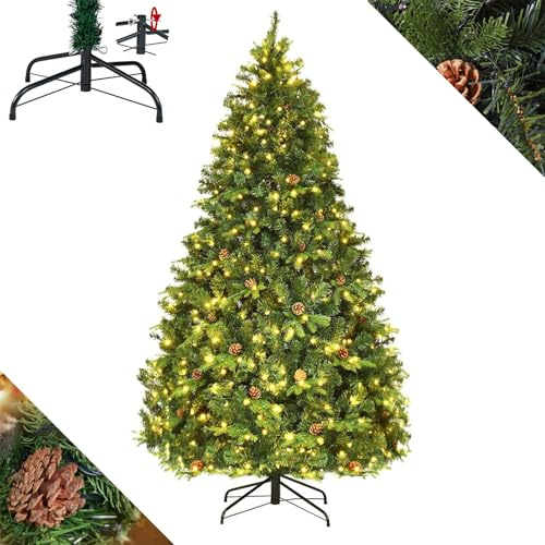 RELAX4LIFE Sapin de Noel Artificiel 210/225/240CM, Sapin de Noel Lumineux LED avec Pommes de Pin & Feuilles, Arbre de Noël avec Socle en Métal pour Maison/Bureau/Magasin (240cm,1335 Branches)