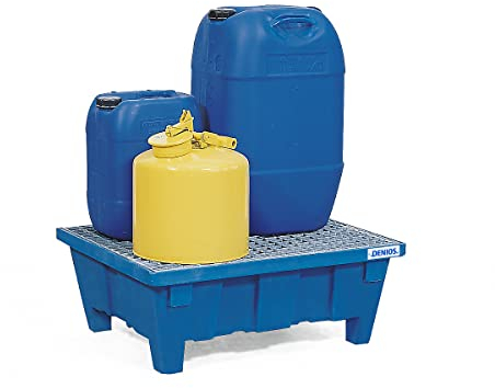 Denios Auffangwanne aus Kunststoff | mit verzinktem Gitterrost | blau | BxHxT 645 x 300 x 795 mm | Volumen 60 Liter | Arbeitssicherheit Notfall-Umweltschutz-Produkte säurefest