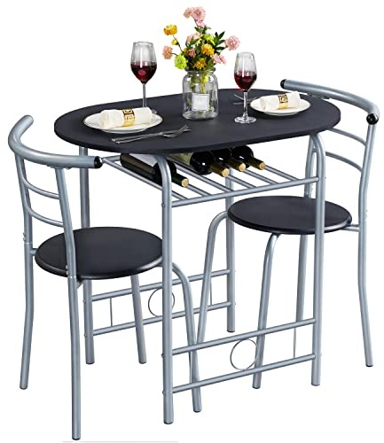 Yaheetech 3 Piece Dining Table Set for 2, Small Table and Chairs, Black