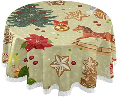 Kcldeci Tischdecke mit weihnachtlichem Schaukelpferd, Beeren, goldene Glocken, rund, 152,4 cm, Weihnachtsbaumkerzen, rote Schleifen, Lebkuchen, wasserdicht, schmutz- und knitterfest, waschbar, Stoff