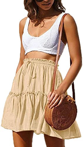 Hoerev Damen Mädchen Floral ausgestellter kurzer Rock niedlich hohe Taille Rüschen Rock Strand Minirock,Beige，Größe L