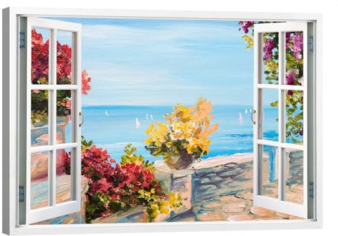 canvashop Quadri finestra aperta sul Mare Golfo Dipinto 100x70 cm | Panorama stile marittimo, Tema Floreale, Stampe Su Tela Canvas, Quadro Moderno, Soggiorno Camera da Letto
