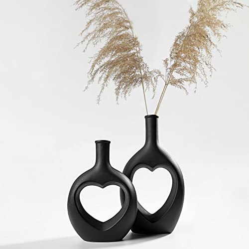Pevfeciy Keramik Vase Schwarz,Moderne Kunst Herzförmig Donut vasen 2er Set,Deko Vase Für Pampasgras,Büro&Wohnungsdekoration für frische ​Blumen, Trockenblumen, Blumenstrauß