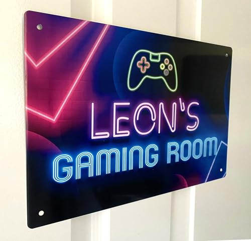 Personalised Gaming Room A4 Sign - neon effect printed teenagers video games room Gamertag A4 metal sign - gaming zone