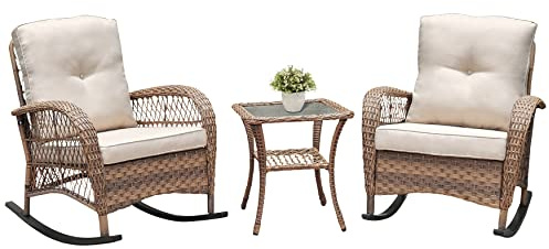 ATR Art TO Real Juego de 3 mecedoras de jardín, Juego de Muebles de conversación de ratán para Patio con Mimbre Tejido a Mano de Resina, Juego de 2 mecedoras y Mesa de café de Vidrio Templado