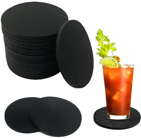Pack of 16 Felt Coasters - Round, Non-Slip, Heat-Resistant, Washable Glass Coasters for Cups, Beer, Table, Bars (Black)