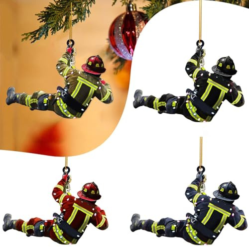 Sunwuun Feuerwehrmann Weihnachtsbaumbehang 4 Stück, Acryl Weihnachtsbaumschmuck mit Lichtmuster, Hängend, Weihnachten