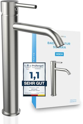 Bächlein Badarmatur Susara hoch mit gebogenem Auslauf, Extra hoher Design Einhebelmischer für Aufsatzwaschbecken mit langlebiger Keramikkartusche und Montage-Set, Bad Wasserhahn Edelstahl gebürstet