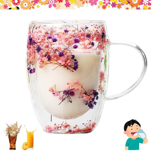 KARPIX Flores secas Tazas de doble pared, tazas de café de vidrio de doble pared con flores, taza de café con flores secas, tazas de flores para té, leche, bebidas calientes o frías (A)