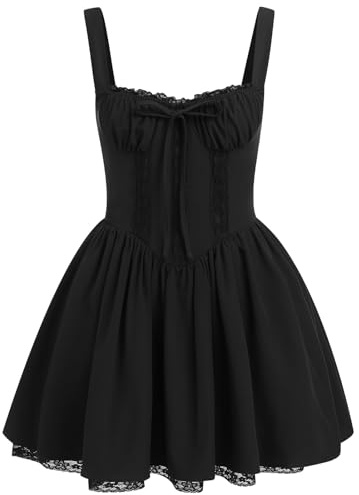 OBEEII Mini abito da donna a corsetto floreale, scollo quadrato, senza maniche, con spalline sottili, estivo, boho, prendisole con stampa floreale, abito aderente in pizzo, Nero , M