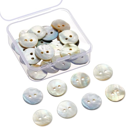 Cindeer 25 Stück Natur Muschel Knöpfe mit Transparente Mini Aufbewahrungsbox Flache Natürliche Muschelknöpfe Natürlich Perlmutt Selber Nähen Basteln für Kleidung Röcke Mäntel DIY (15 mm)
