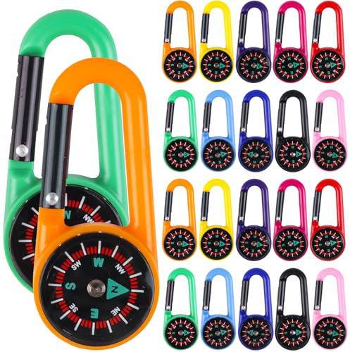 SULOLI Kompass Karabiner 20 Stück - Mini Keychain Schlüsselanhänger für Ferienlager, Outdoor, Camping und Wanderung Zubehör - Bunte Ausführung