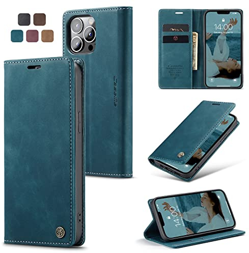 owlhold Handyhülle für iPhone 13 Pro Hülle, Premium Lederhülle Weiches Vintage-Nubukleder Faltbare Ständer Klapphülle Kartenfach Standfunktion stoßfest Schutzhülle für iPhone 13 Pro -Blaugrün