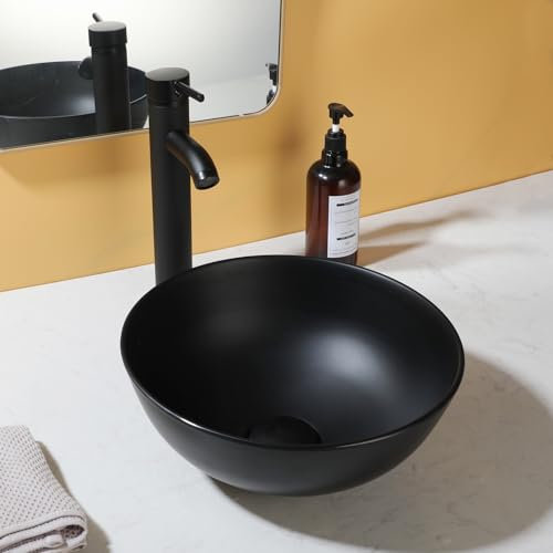GLOBAOSALU Fregadero de baño negro con grifo y desagüe de 13 pulgadas, negro mate, fregadero de recipiente pequeño, fregadero de resina para baño, fregadero redondo