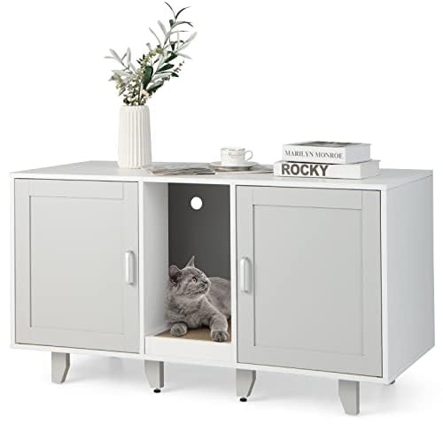 FANTASK Katzenhaus für Katzentoilette, Katzenschrank mit 2 Türen & Kratzbrett & Eingang, Katzenmöbel Beistelltisch