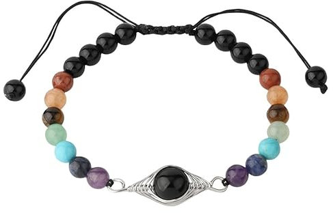 DyLyz Boho Armband mit schwarzen Onyx Steinperlen handgefertigt gewebte Quastenarmbänder rund natürlicher Chakra Edelstein Yoga Reiki Armreif für Damen und Herren