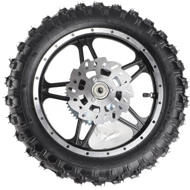 Klanata Rueda Trasera Completa 2.5-10 con Neumático para Dirt Bike Mini Moto, Eje 12mm Llanta Freno Disco Ancho 65mm Goma Metal Alto Agarre