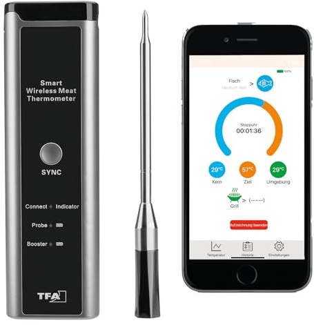 TFA Dostmann Termómetro inalámbrico para carne SMART BBQ 70 m, 14.1515.10, termómetro para barbacoa, horno y freidora de aire caliente, apto para lavavajillas, termómetro de cocina, color negro y gris
