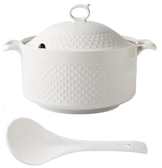 Sopera para Servir Sopa con Tapa y Cucharón, Cuenco para Servir Sopa de Porcelana para Restaurante de Cocina Casera,blanca,2400ML