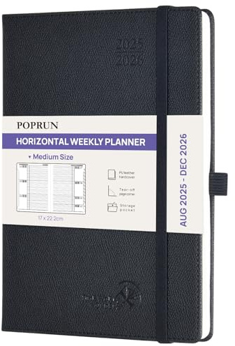 POPRUN Kalender 2025 2026 Horizontale Wochenplaner (Aug.2025-Dez.2026) – ca.A5 Terminkalender mit PU-Leder, 17-Monats-Organizer,1 Woche 2 Seite, Stabilem Hardcover, Schwarz