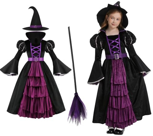 maxToonrain Witch Costume Kids Black and Purple Puff Sleeves with Witch Broom Halloween Costumes for 4-12 Yrs Girls