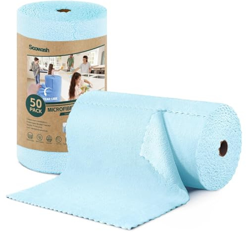 SOOWASH Mikrofasertücher Rolle, 50 Stück Mikrofaser Reinigungstücher, Abreißbare Lappen Putztücher für Auto, Küche und Haus 30x30cm(Blau)
