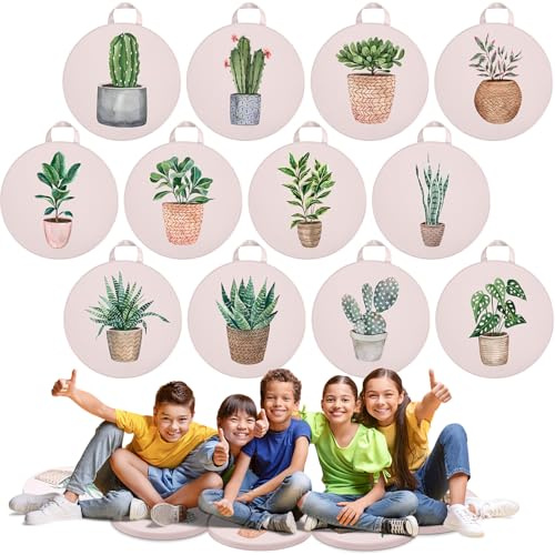 Suzile 12 Pcs Cartoon Kids Floor Cushions for Classroom, Round Flexible Seating with Handle, Soft Waterproof Floor Pillow with 12 Cute Styles for Home Daycare Preschool Kindergarten (Plant)