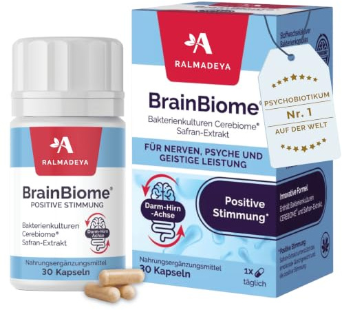 Probiotikum gegen Stress, innere Unruhe & Angst – Für bessere Stimmung & Schlaf – Mit Safran & Darm-Hirn-Achse (Cerebiome®) – 30 Kapseln – BrainBiome®