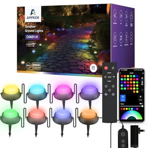 APPECK Outdoor Ground Lights 32 Pack, 100FT RGBW Color Changing Pathway Lights Wired, 2200K Warm White Smart Landscape Lighting, for Garden Yard Lawn Path Holiday Party Decor, with App/Voice Control
