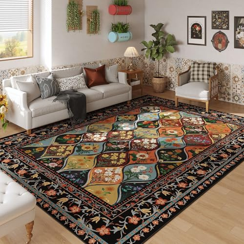 Vowkten Bohemian Geometric Floral Area Rugs 5x7, Machine Washable, Low Pile Soft Carpet, Non-Slip for Living Room, Bedroom, Dining Room, Farmhouse, Kids Playroom, Office | Black