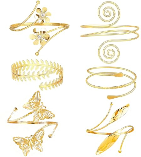 agogue 6 Stücke Oberarmreif Gold, Armreifen Gold Damen Oberarm, Oberarm Schmuck, Verstellbar und Minimalistisch Arm Manschette Armband Mit Geschmückter Strudel Wickelarmband Damen