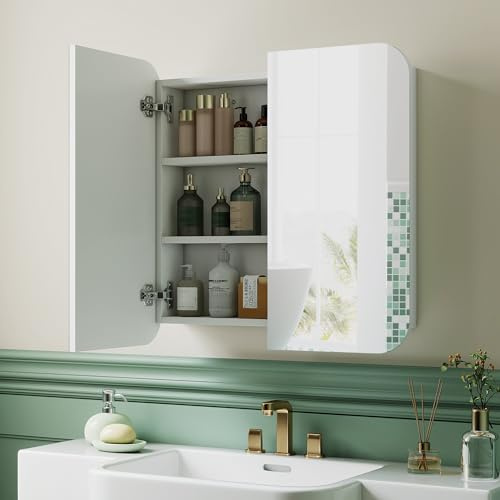 HOMCOM Armoire Murale Salle de Bain avec Miroir arqué 68 x 13 x 66 cm Meuble Salle de Bain, Armoire de Toilette avec étagère réglable et 2 Portes pour Cuisine, buanderie, Blanc