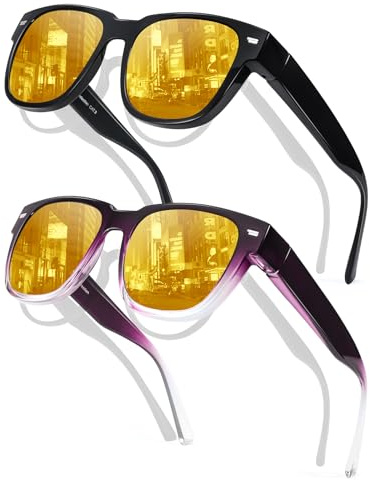 TJUTR 2Pack Nachtsichtbrille Damen, Polarisierte Überbrille für Brillenträger, Gelbe Blendschutz Nachtfahrbrille für Autofahrer