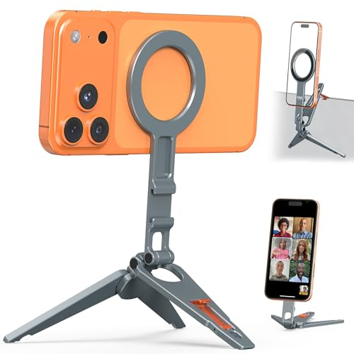 VRIG MG-34 Treppiede magnetico tascabile per telefono, supporto pieghevole in alluminio per cellulare con foro per vite da 1/4, supporto per scarpa fredda e gancio, compatibile con iPhone 16/15/14/13
