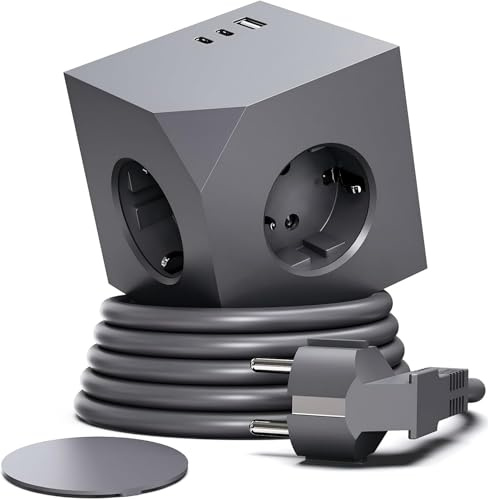 SUNMATIC Cubo Multipresa USB, 3 Prese Schuko + 1 USBA + 2 USB-C con Ricarica Rapida 20W PD, 3680W/16A, Cavo 1,4m, Multipresa Compatta in PC Ignifugo per Ufficio, Casa e Comodino