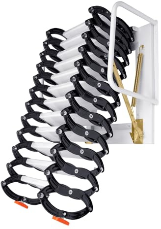 12 Steps Wall-Mounted Attic Ladder, 881 Lbs Maximum Load Capacity Al-Mg Alloy Collapsible Staircase Pull Down Attic Stairs Retractable Attics Ladder with Handrails for Garages Roofs Basements