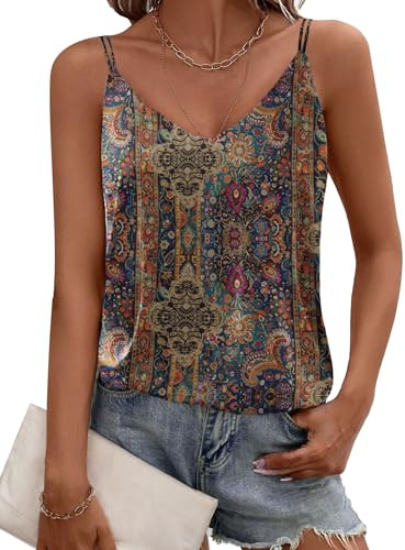 Ekouaer Womens Silk Satin Camisole Tank Tops V Neck Sleeveless Spaghetti Strap Blouses Casual Cross Back Cami Shirt Ethnic Style L