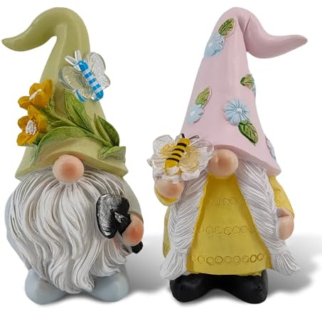 2PCS Spring Gnome Garden Ornaments Outdoor Set, Weather-Resistant Resin Garden Gnome with Bee & Flower Theme, Versatile Garden Gnome Figurines for Yard, Porch & Balcony
