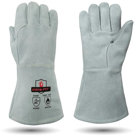 Intra-FIT Leder Grillhandschuhe Kaminhandschuhe–Hitzebeständig bis 500 °C,feuerfestes Rinds-Spaltleder,EN407 & EN388,Lange Stulpen für Ofen, Feuerstelle, Schweißen, Schmiede, BBQ & Feuerwehr(Grau,M)