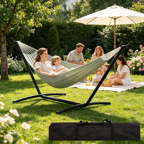 GarveeMore Doppelhängematte mit Gestell, Hängematte 2 Personen Outdoor & Indoor, Tragbare Hängematte bis 200 kg, Hängemattengestell für Garten und Balkon inkl. Tasche, Hellgrau